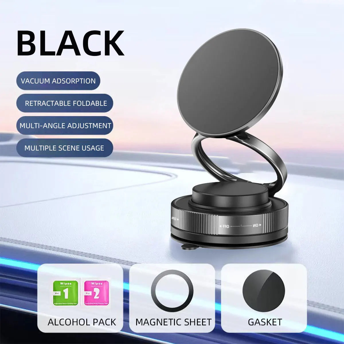 Car Phone Holder upgrade 360° Rotatable vacuum magnetic bracket Car Mount For iPhone Huawei Xiaomi Kitchen Phone Holder Black